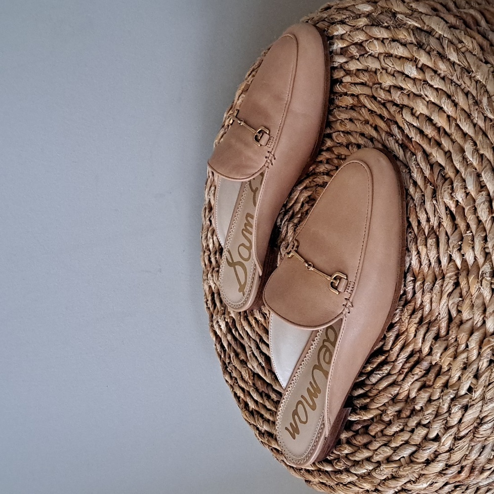 Sam Edelman Womens Linnie Sand Tan Leather Mules Gold Metal Cross Bit S-7 - Picture 1 of 9